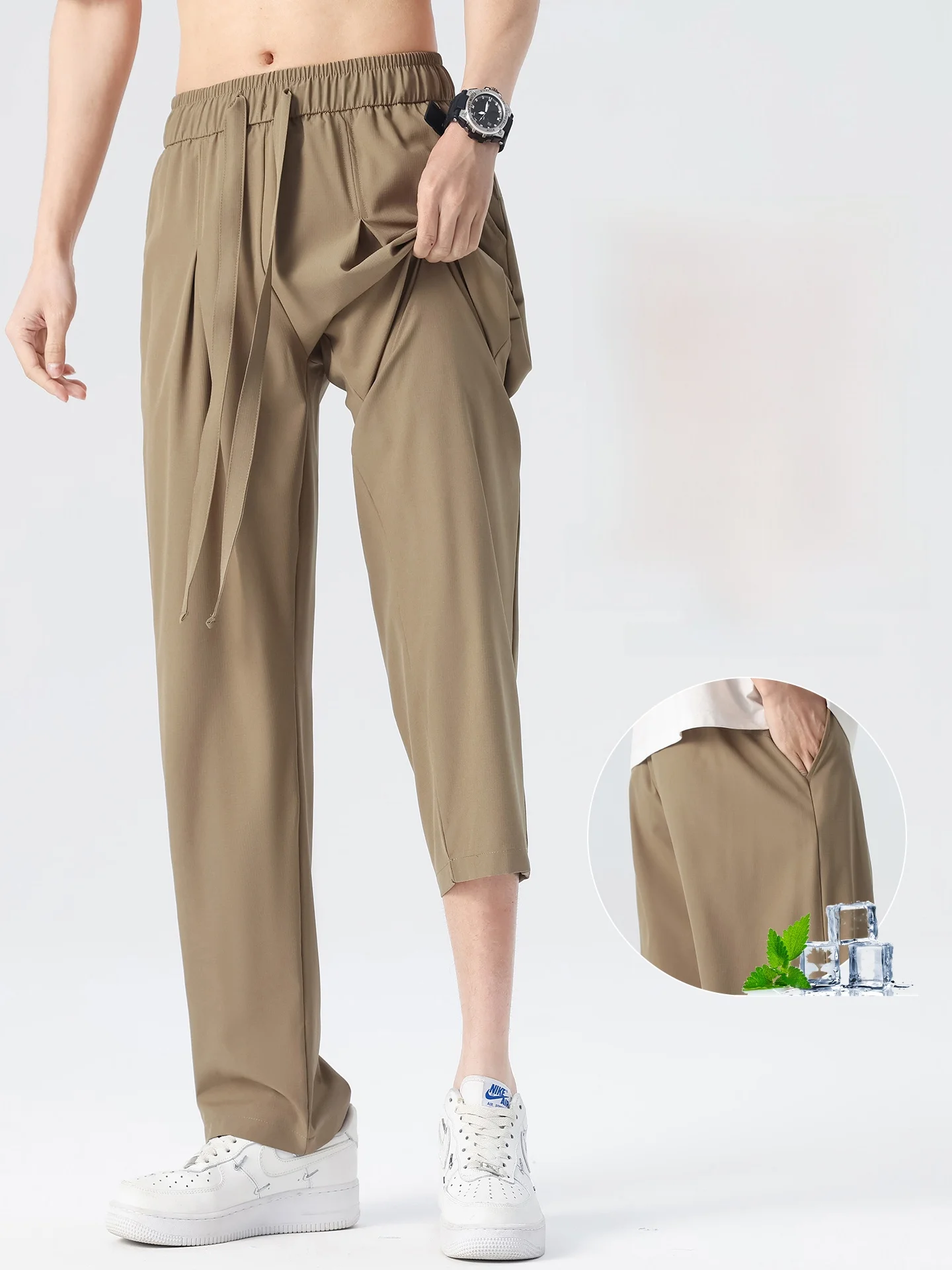 

Мужские летние брюки из ледяного шелка: прямые, широкие, дышащие, быстросохнущие, спортивные, повседневные, свободного кроя