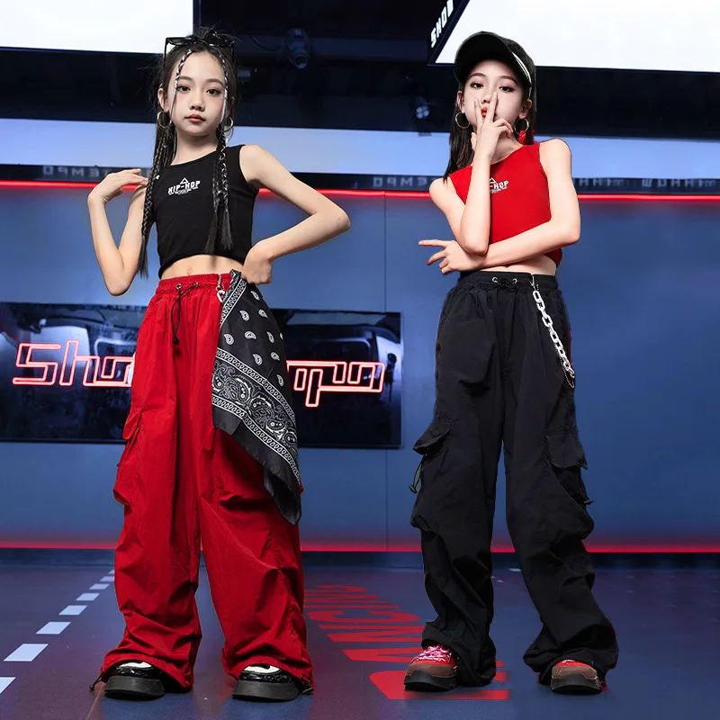 Tenue de danse Hip Hop pour enfants, olympiques de jazz Hip Hop pour filles, haut de nombril de route serré, pantalon de performance rouge, scène