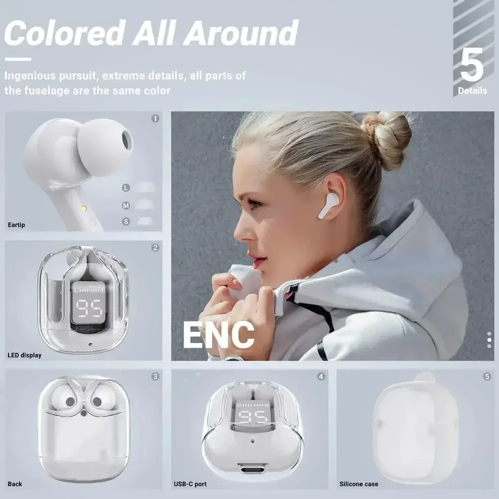 Wireless Bluetooth earphones with digital display, noise cancelling earphones, microphone earphones for calls