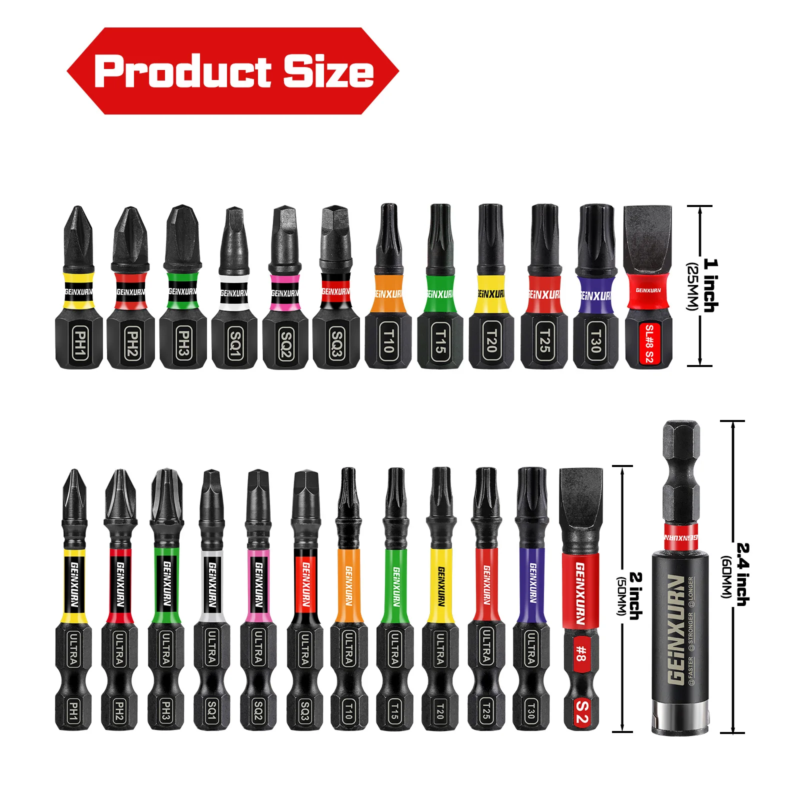 Geinxurn 27PCS Impact Phillipes/Square/Slotted Screwdriver Bits Set, Magnetic S2 Steel Bits Set with Color Coded Base