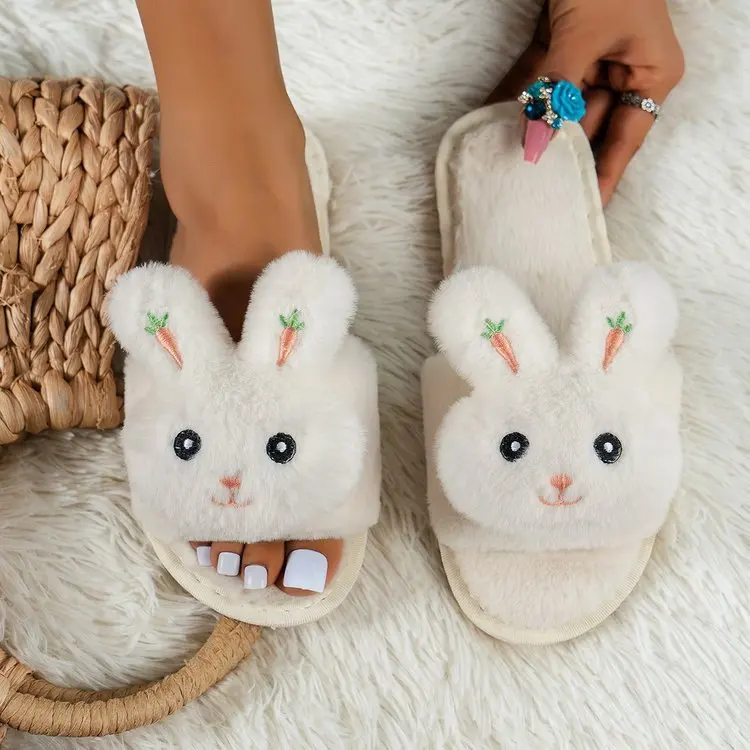 

2024 Internet Celebrity Bunny Cute Cartoon Open-toed Cotton Slippers Women's Winter Warm Non-slip Home Thermal Cotton Shoes