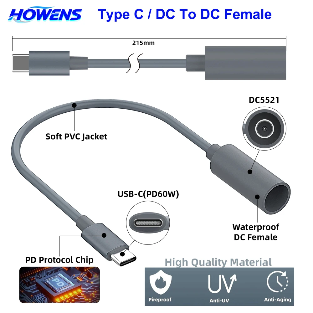 HOWENS For Starlink Mini Type C to DC Female Adapter 20CM Waterproof Power Converter Adapter for Starlink Mini Original Cable