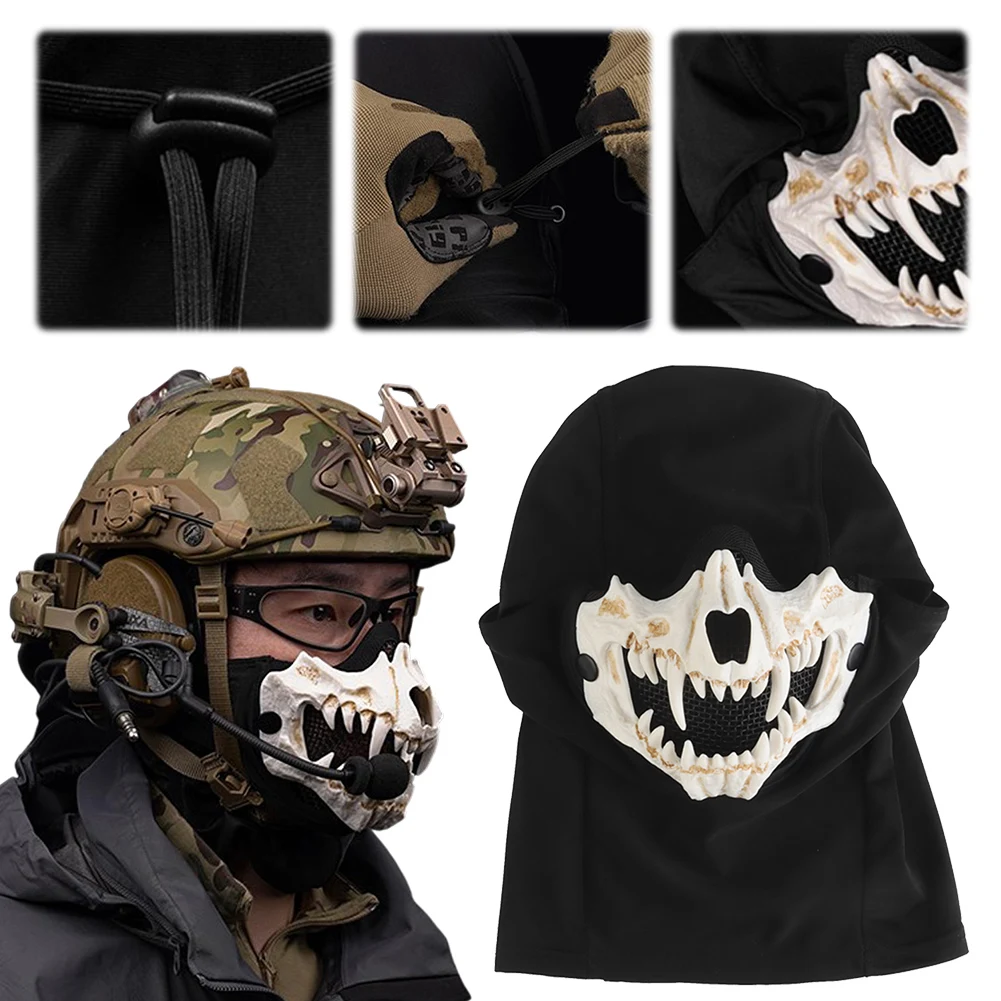 Skeleton Skull Airsoft Mask with Ear Protection Halloween Mesh Mask Adjustable Horror Fangs Skull Mask for Paintball Accessories