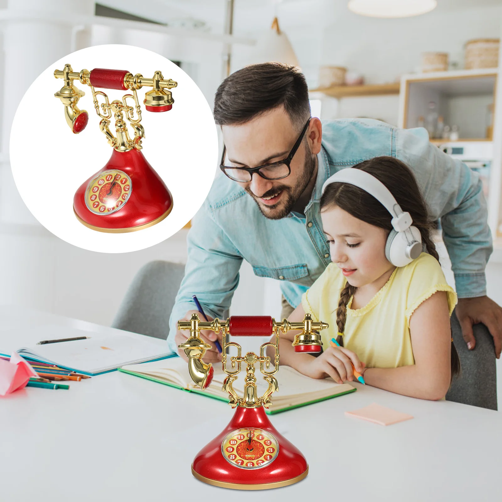 

Vintage Alarm Telephone Shaped Retro Tabletop Decor For Bedroom Home Office Coffee Shop Bar Non-Ticking Large Dial Desk