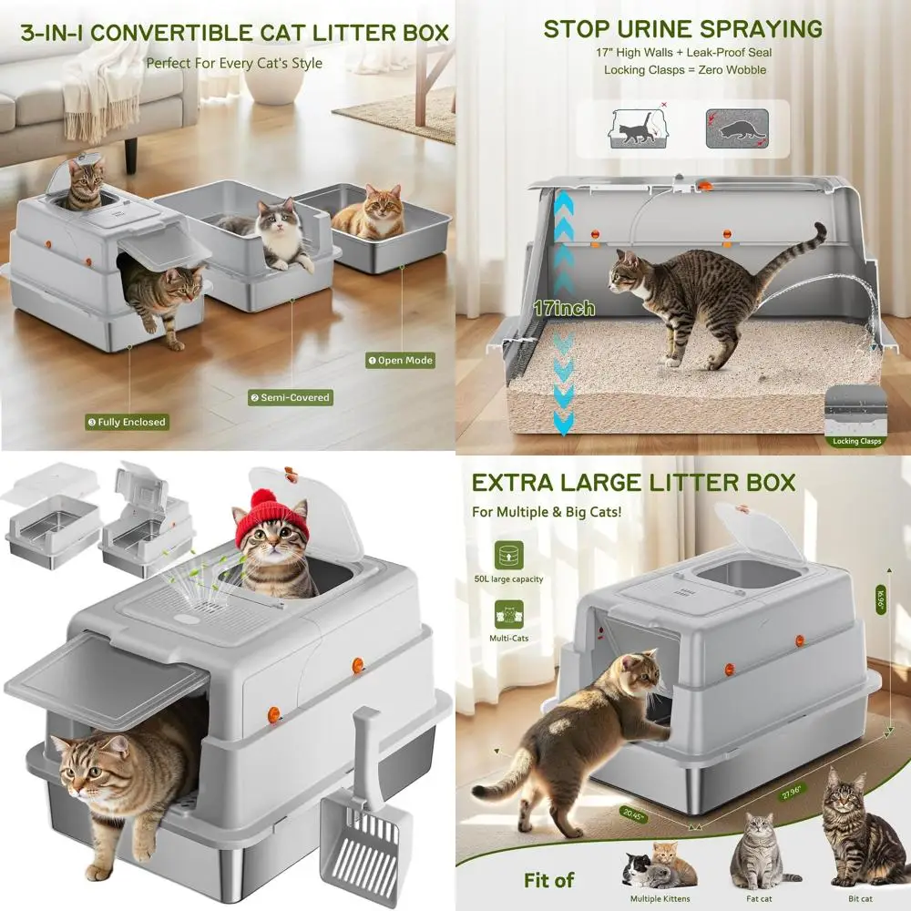 

Extra Large Enclosed Cat Litter Box with Carbon Filters, Odor Control, High Sides, Removable Lid & Scoop, Light Gray
