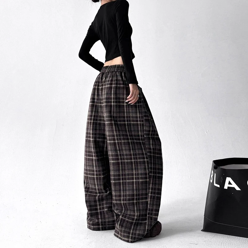 Pantaloni da donna a gamba larga con stampa scozzese vintage Pantaloni casual larghi autunno inverno Pantaloni con coulisse a vita alta retrò americani