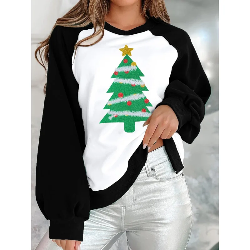 Pull à manches longues et col rond pour femme, motif sapin de Noël, haut noir