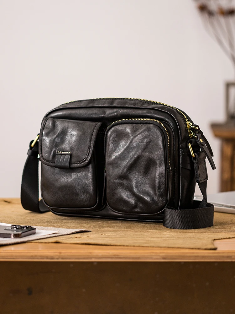 Fashion casual designers handmade high-quality genuine leather men's black shoulder bag outdoor daily cow leather crossbody bag