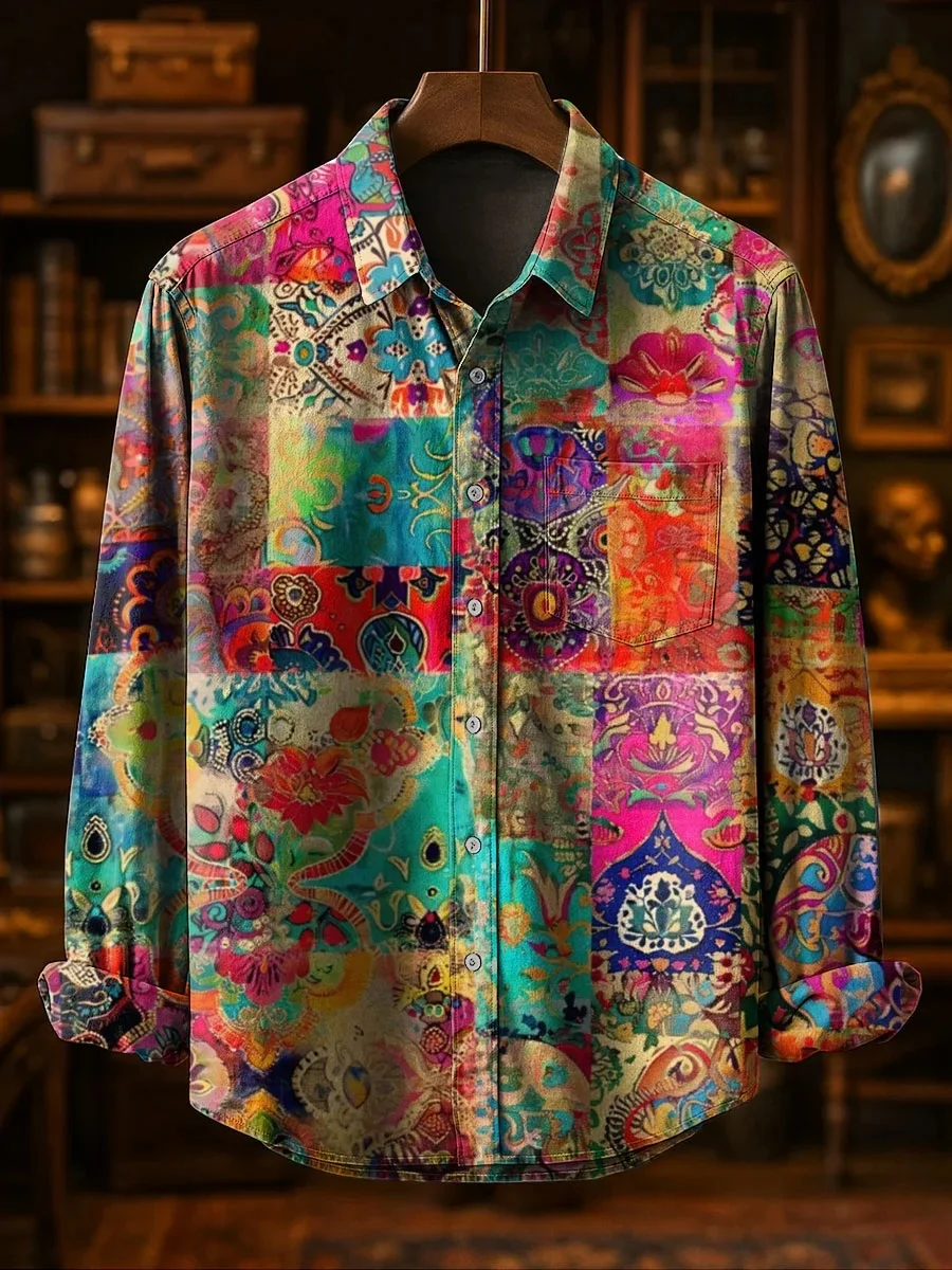 New long-sleeved 3D vintage print shirt, with a comfortable and breathable collar design. Men's and women's button-down shirt to