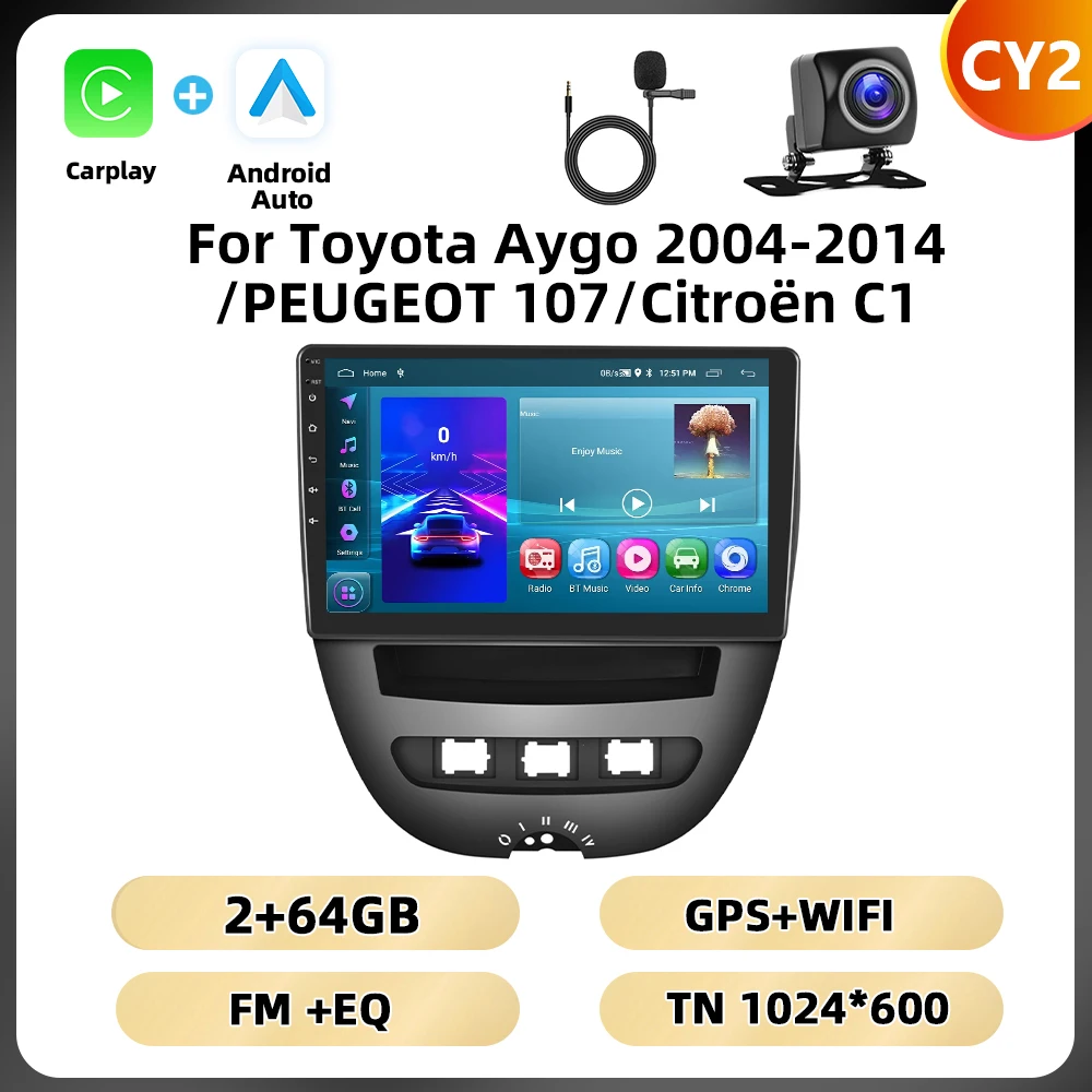 Podofo 10.1 ''8Core Autoradio Voor Toyota Aygo 2004-2014/PEUGEOT 107/Citroën C1 multimedia Speler Carplay Android Auto GPS WIFI