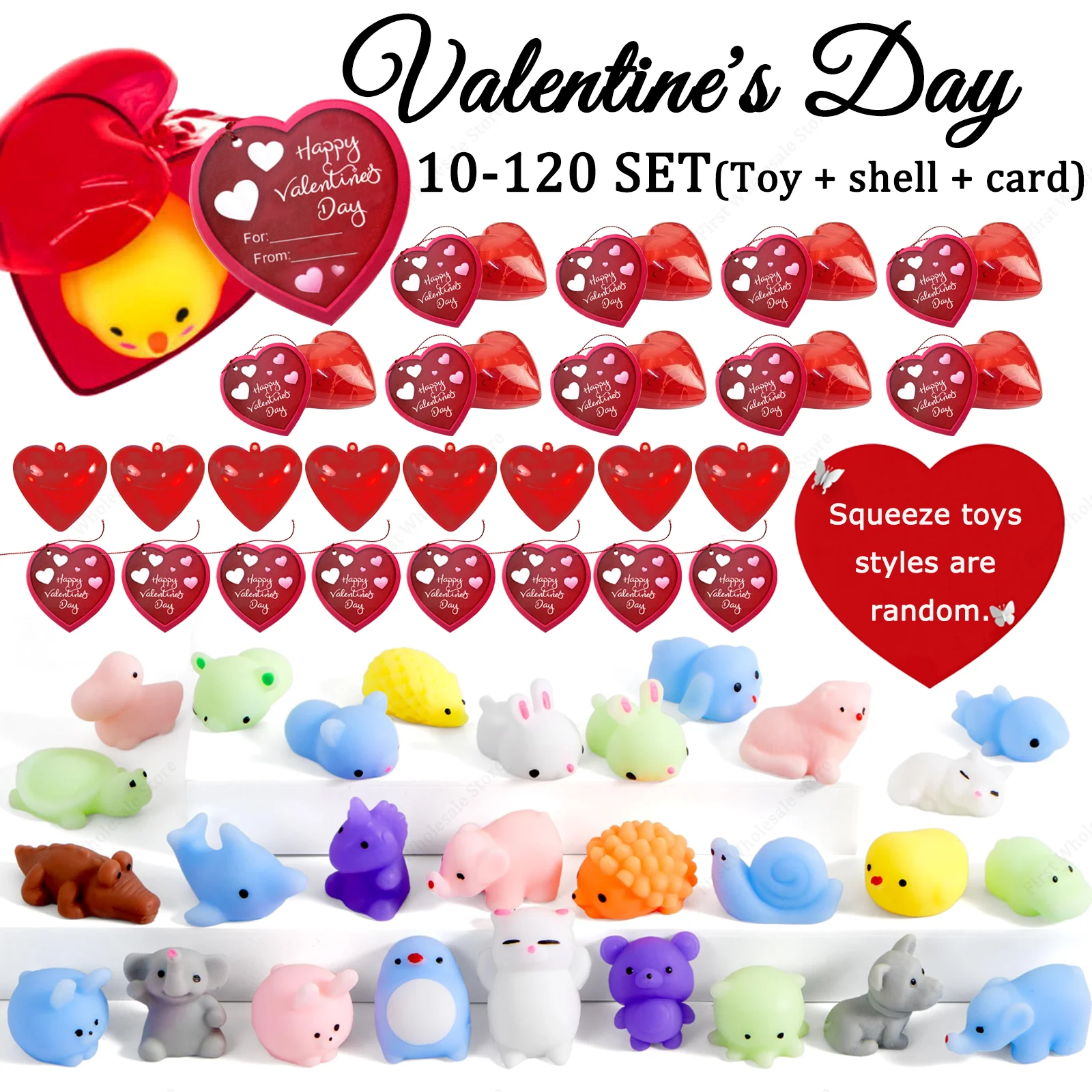 Valentine Mochi Squishies with Heart Boxs Cards Mini Animal Stress Relief For Classmate Valentine\'s Exchange Gifts
