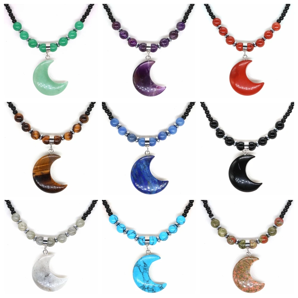 

25mm Moon Shape Crystal Natural Stone Pendant Necklace for Women Reiki Healing Round Gem Beads Jewelry Crescent Christmas Gift