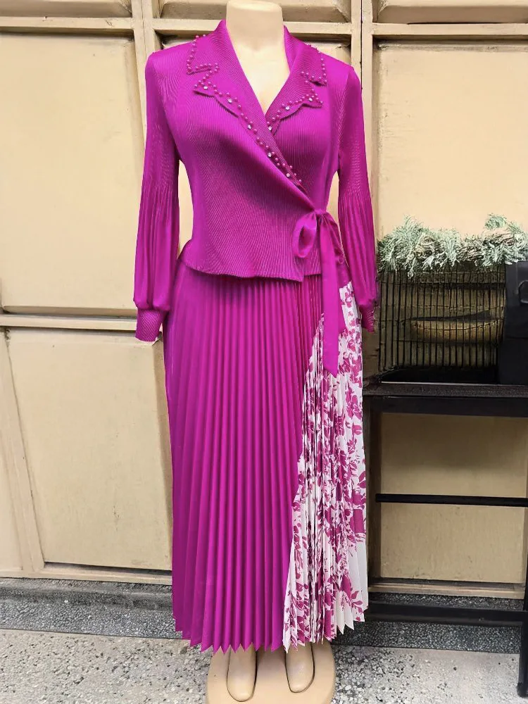 فستان WHTREND بطيات مرقعة للنساء فساتين مطبوعة بأكمام طويلة مع ضمادة مطرزة بالخرز أزياء نسائية #6