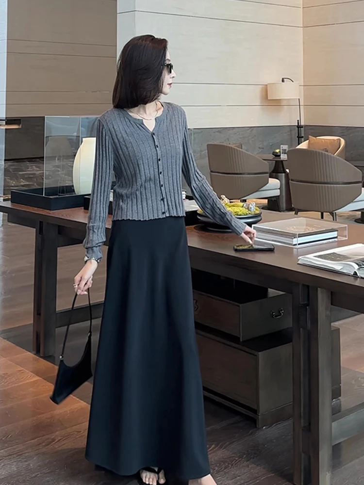 

Korean Sle Knitted Open Cardigan Slim Pure Color Texture Long Sve Casual Commute Simple Lazy Sle Top Women's Faion