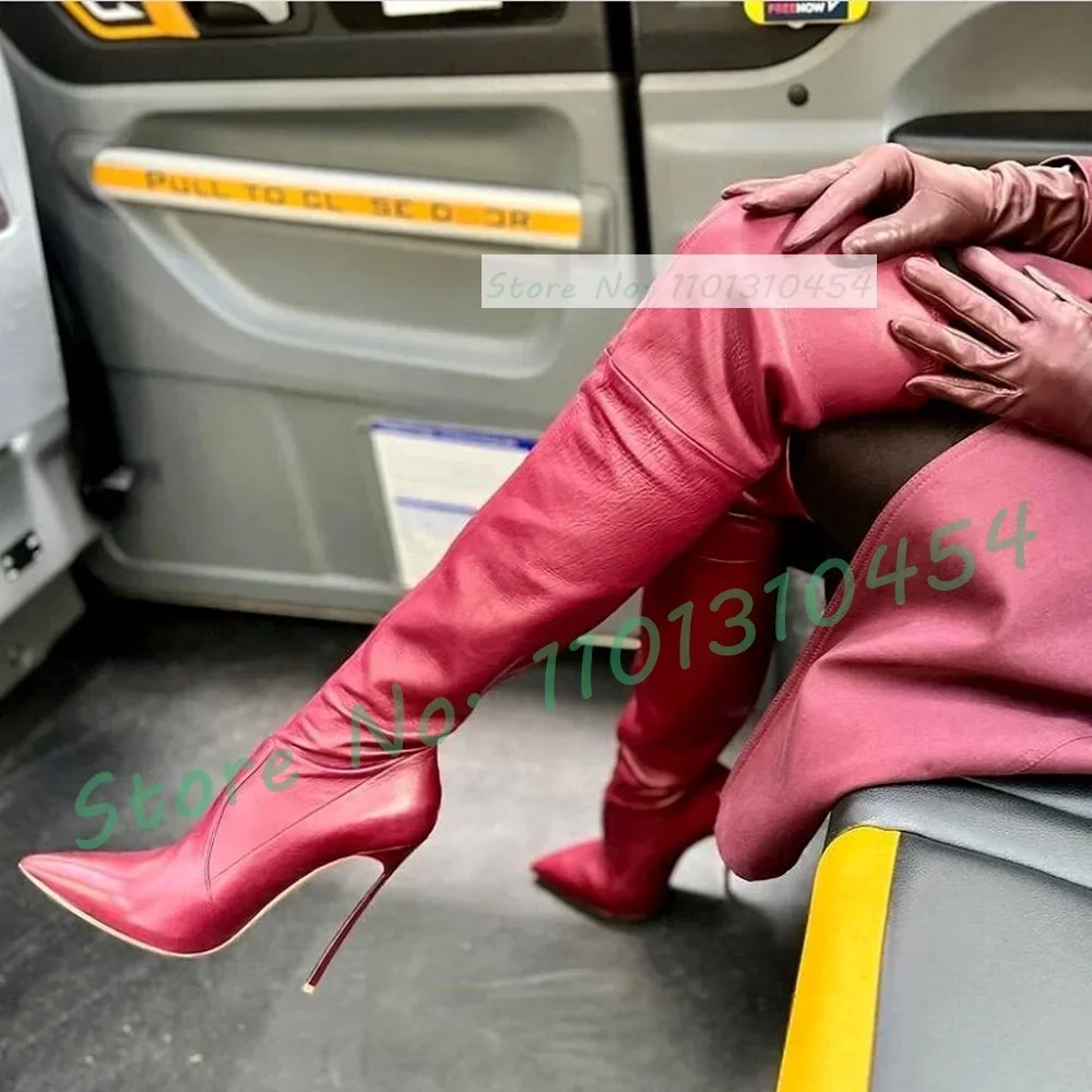 

Metal Heel High Heels Long Boots Women Pointed Toe Sexy High Class Thigh High Shoes Ladies Leather Splicing Suede Patent Boots