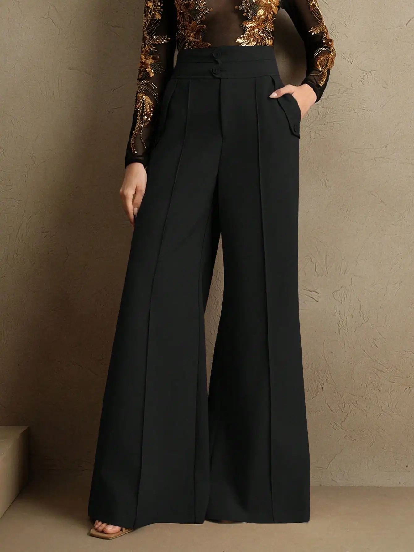 

Elegant High-Waisted Flared Leg Double-Button Suit Pants For Women