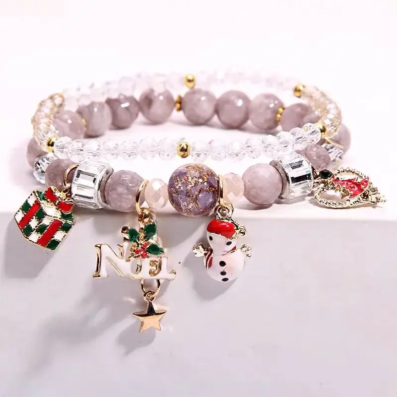 

2025 Retro Korean Style Simple Sweet Christmas Crystal Bracelet with Charm Student Mori Style Girlfriend Good Lucky Hand String