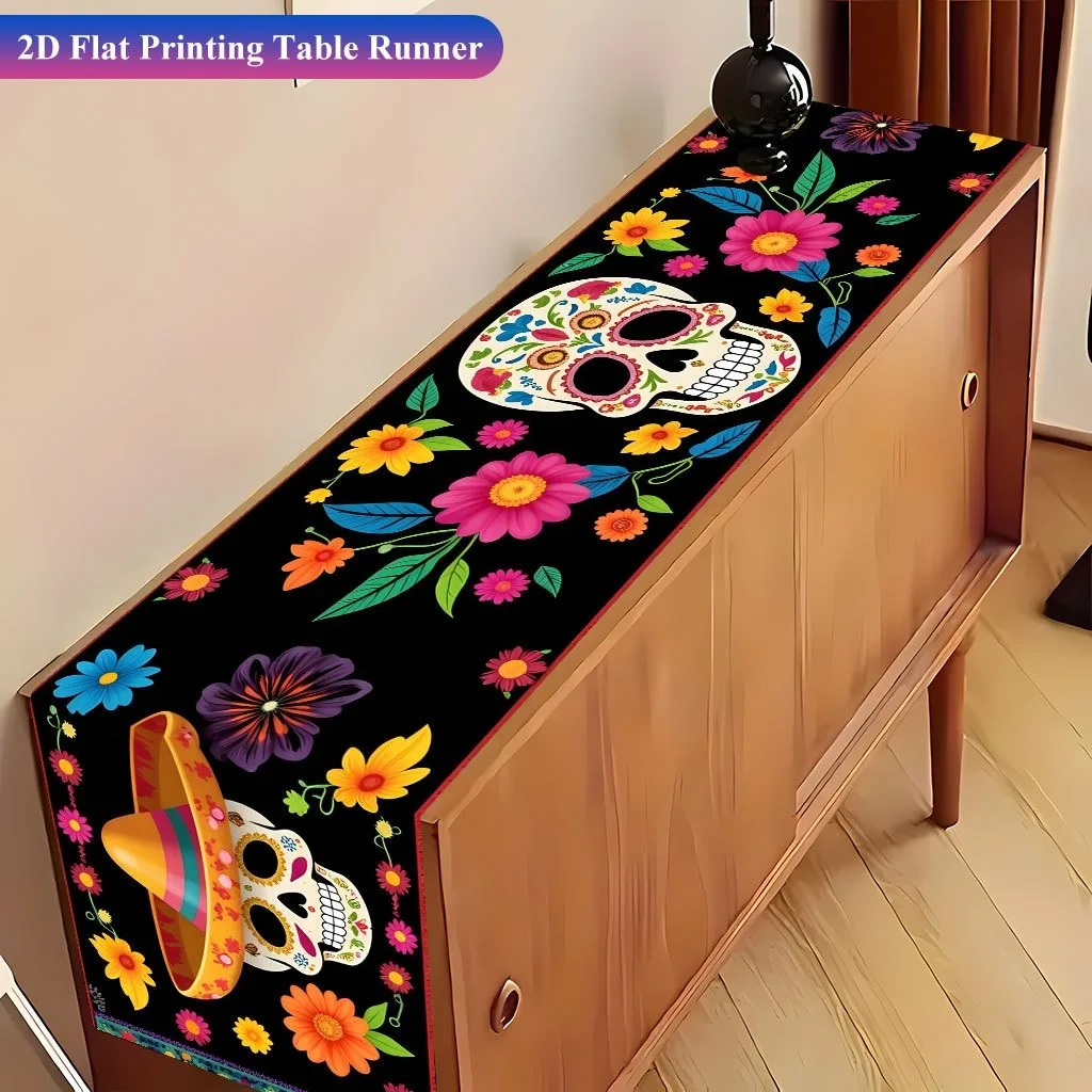 Day Of The Dead Sombrero Sugar Skull Floral Table Runner Mexican Halloween Indoor Kitchen Sideboard Holiday Table Decor Supply