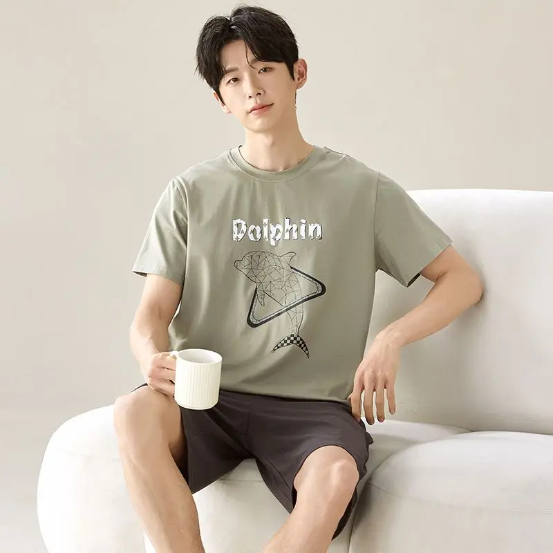 2026 Summer Short Sleeve Cotton Pajama Sets for Men Korean Loose Sleepwear Suit Pyjama Homewear Male Pijama Hombre Home Clothes