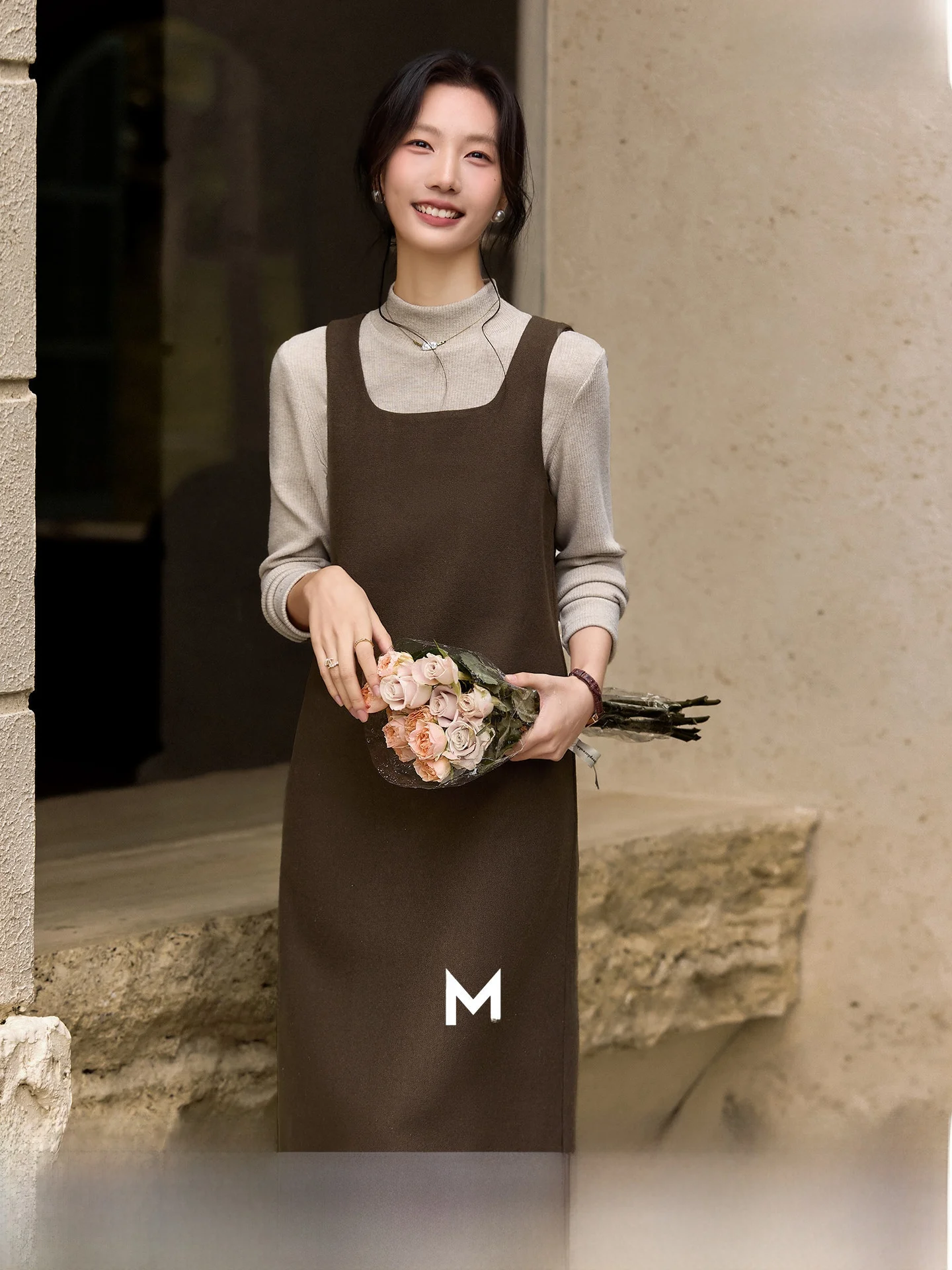 

Women's Coffee Color Vest Skirt Set High Ne Long A-Line Dr Two-Piece Suit Winter Casual Ele Sle Polyester Nylon