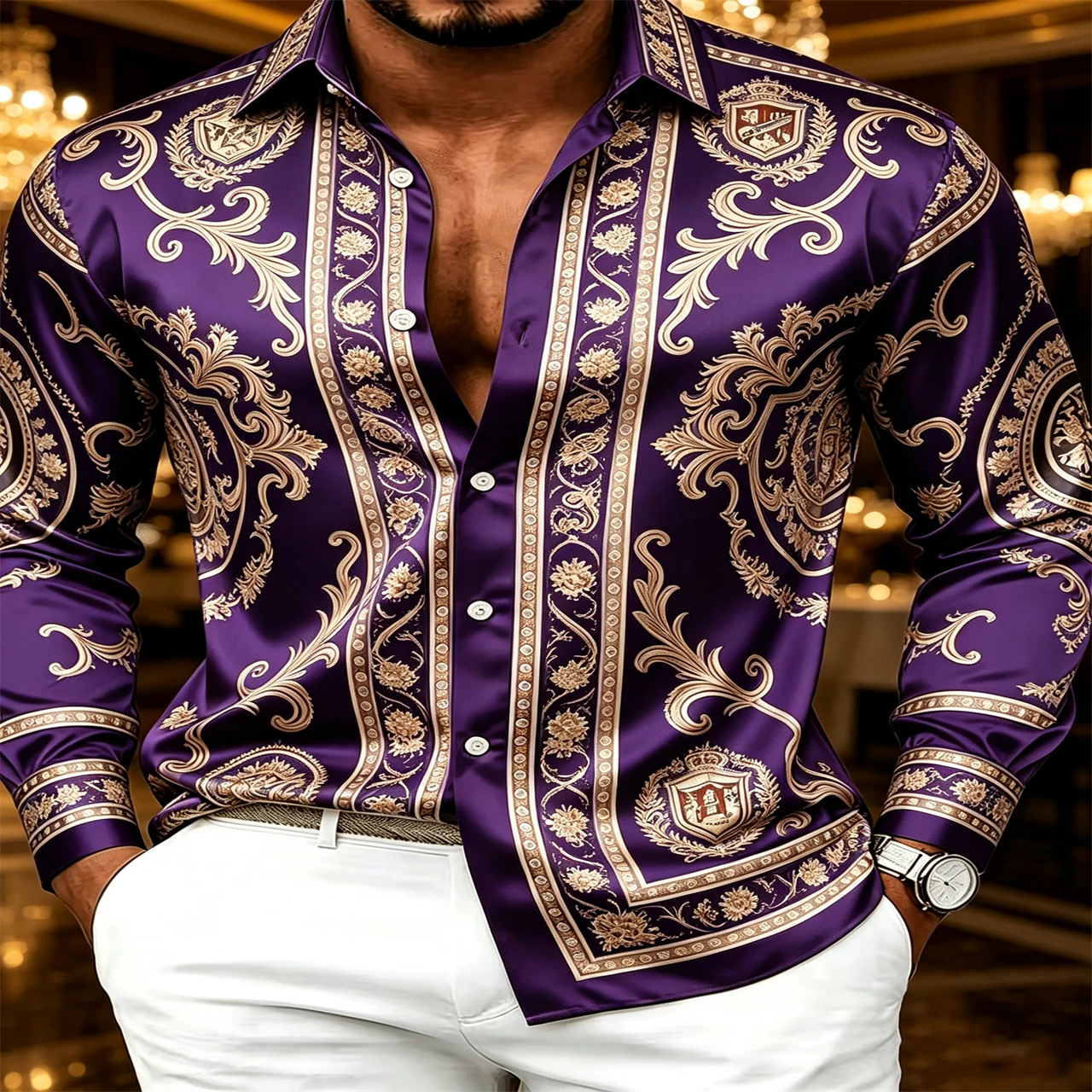 Mens Satin Silk Dress Shirt - เสื้อเชิ้ตแขนยาวผ้าซาตินหรูสำหรับผู้ชาย ลายบาโรก เสื้อเชิ้ตทางการสำหรับผู้ชาย เสื้อเชิ้ตกระดุมหน้าปกเสื้อสุดหรู เหมาะสำหรับงานปาร์ตี้และไนท์คลับ