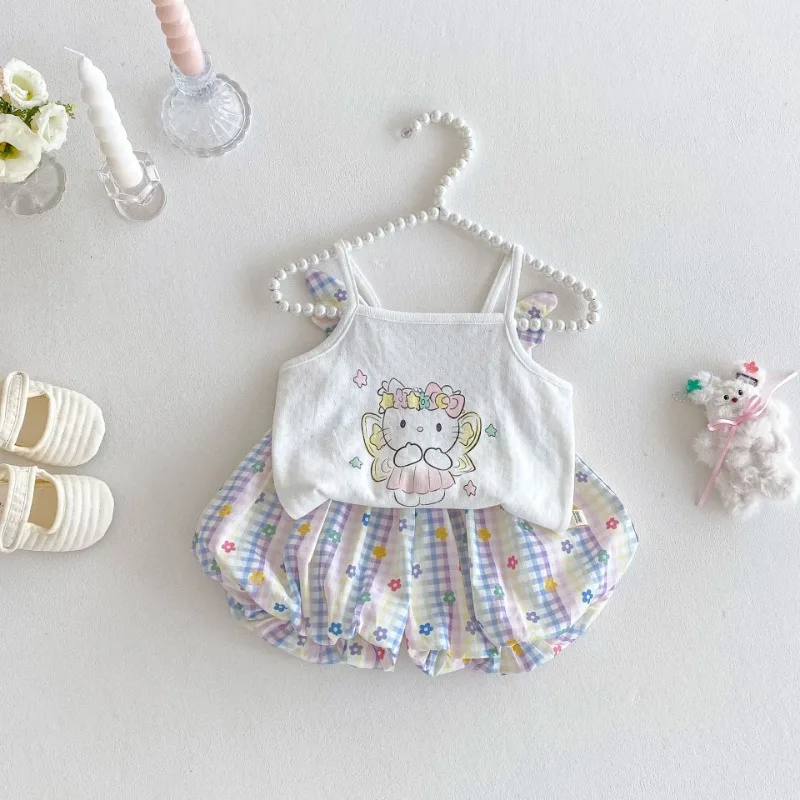 

2025 Hello Kitty Anime Kawaii Sanrio Summer Baby Short Sleeve Shirt Pants Set Cute Cartoon Halter Top Clothes Gifts for Kids