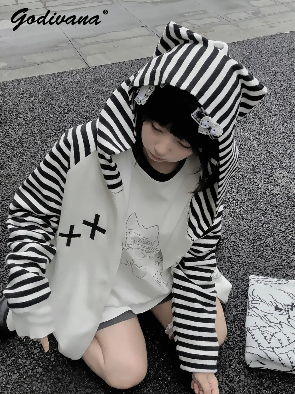 Subcultural Y2K Cute Print Cardigan Sweater Female Girls Black and White Striped Cat Ear Hooded Coat Autumn Winter Knitwear