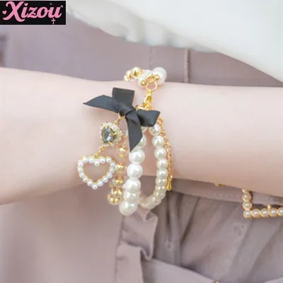 

Minefield Style Handmade Sweet Lady Bow Love Pearl Rhinestone 14K Gold Plated 3 Layer Bracelet Lolita Girls Women's Bracelets