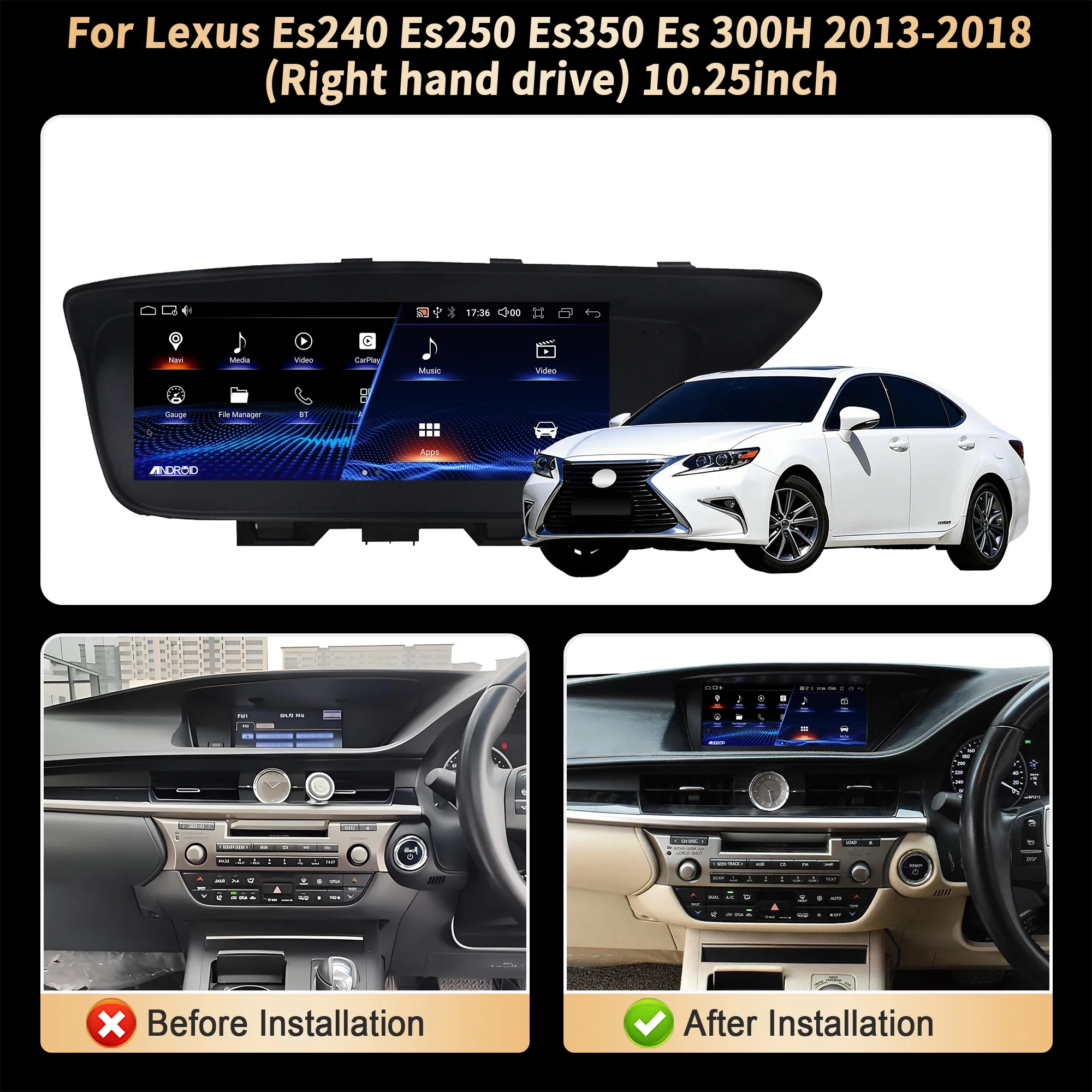10.25 inch Right Hand Drive For Lexus Es240 Es250 Es350 Es 300H 2013-2018 Radio GPS Wireless BT Carplay Snapdragon 680 Screen