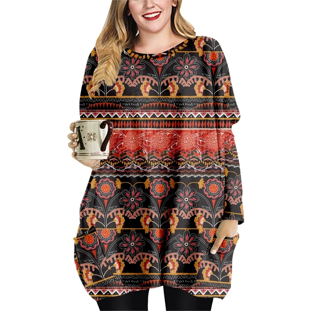 Vestido de manga larga con cuello redondo para mujer, ropa informal holgada con estampado bohemio, camiseta con doble bolsillo, para primavera y otoño