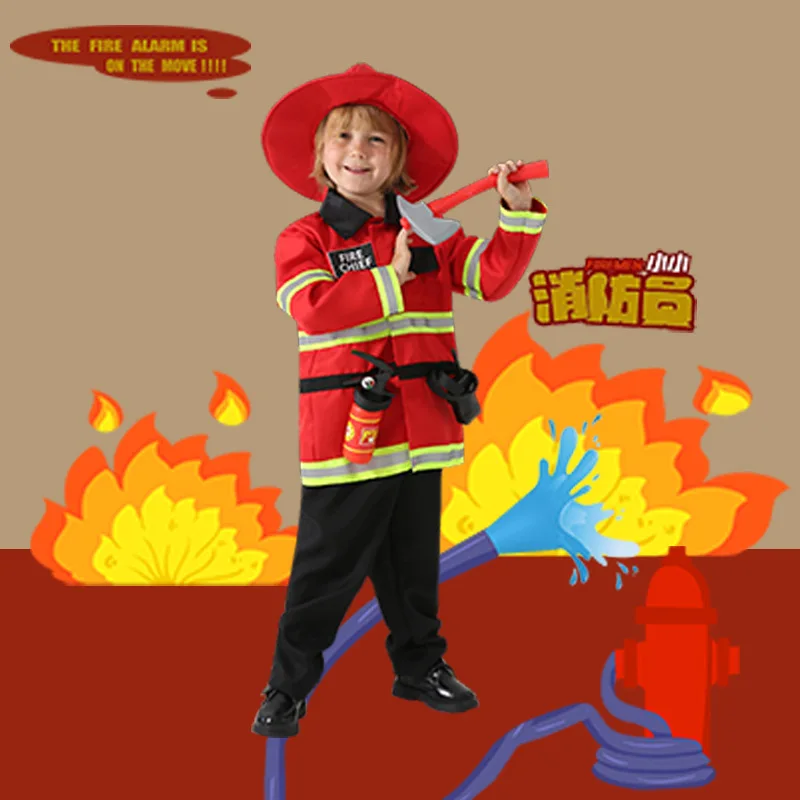 Boys Girls Fireman Cosplay Costume Red Uniform Halloween Kid with Accessories Carnival Party fireman Uniform