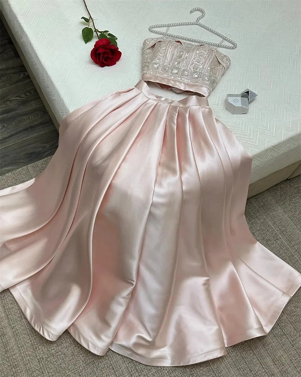 Customized Strapless Neck Two-piece Beads Ruch 2023 Satin Formal Occasion Evening Gown Arabic فساتين نسائيه سهره