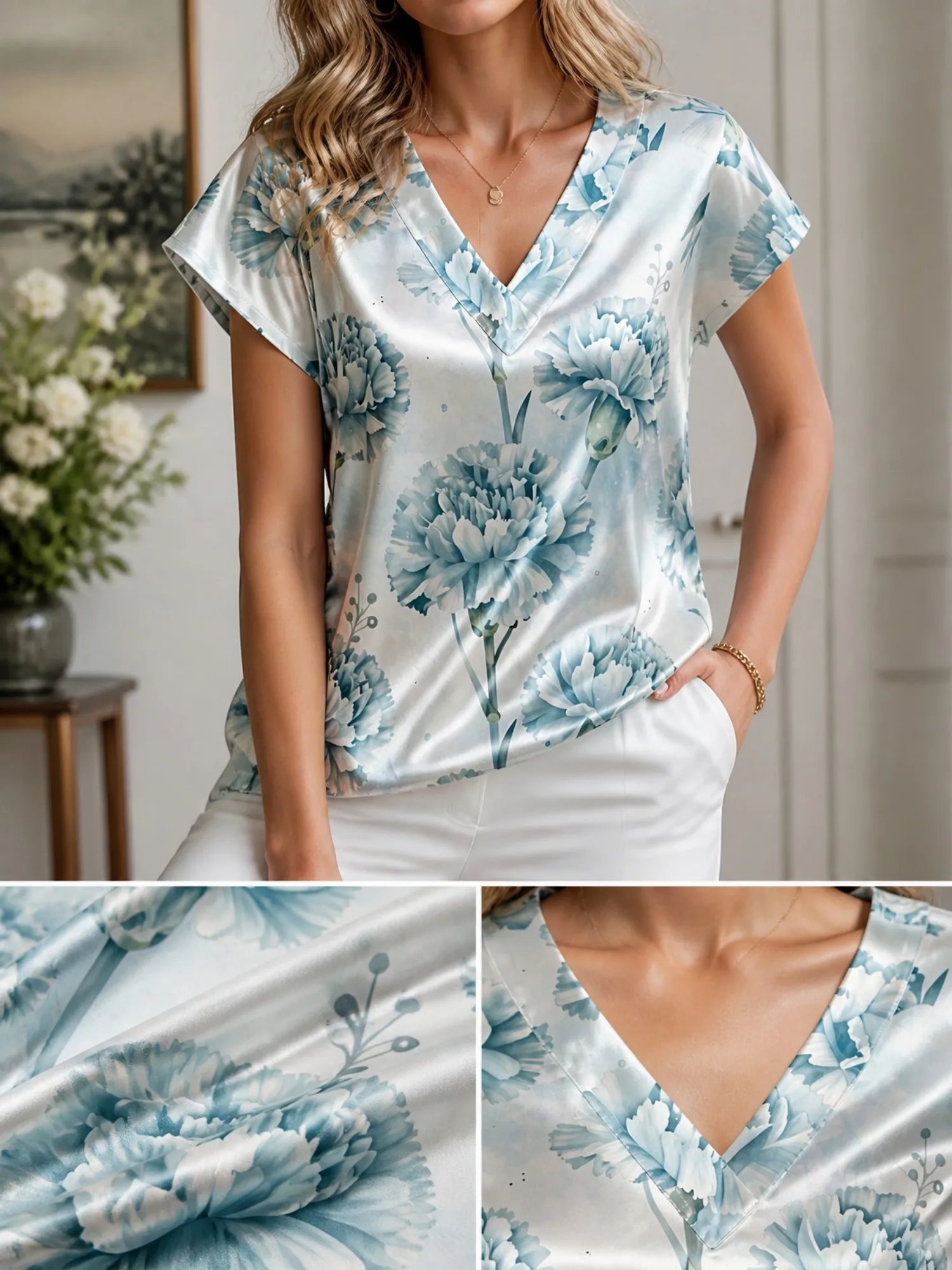 Floral Satin V Neck Top for Women Cap Sleeve Smooth Draped Fit Silky Elegant Holiday Travel Wear Lightweight Breathable Vacation