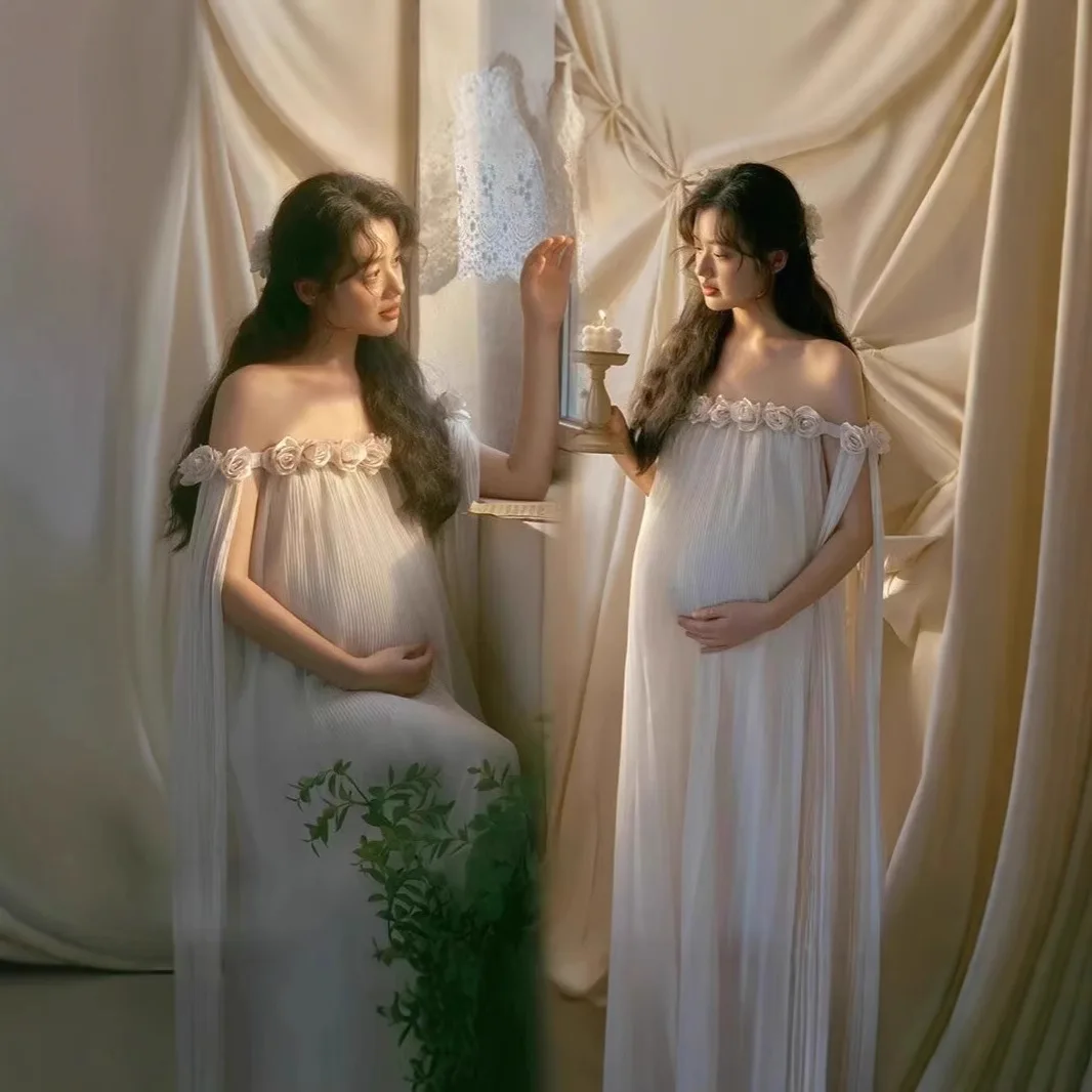 Maternity Photography Skirt Photo Clothes Three-dimensional Flower Tube Top Dress Women's One-word Shoulder Thin Dress