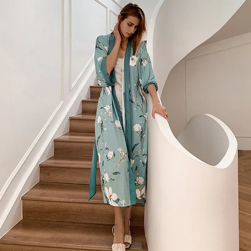 Female Long Robe Nightgown Print Crane Kimono Bathrobe Gown Sleepwear Spring Summer Casual Silk Satin Home Dress Lounge Wear