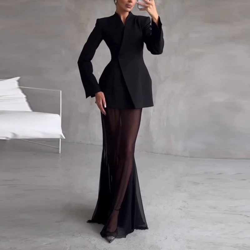 

Modigirl Women's Edgy Glam Blazer Sheer Tulle Sets 2026 Black Party Formal Evening Dress Autumn Winter Sexy Cool 2 Piece Suit
