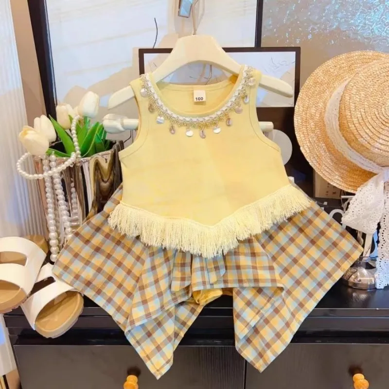 

TOY-Girls' Fringed Vest Set2025Summer New Baby Vacation Style Top and Plaid Skirt Pants Two-Piece Set