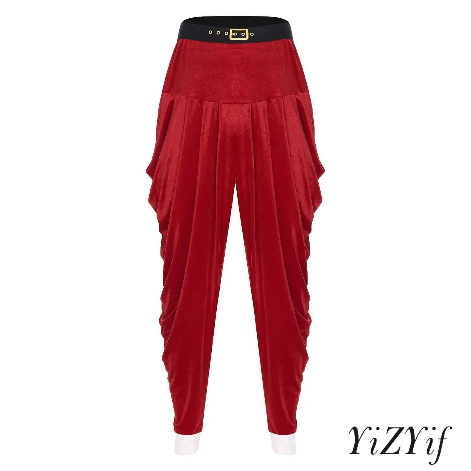 

Men Christmas Theme Party Santa Costume Elastic Waistband Contrast Color Velvet Baggy Pants Xmas Long Pants for Family Photo