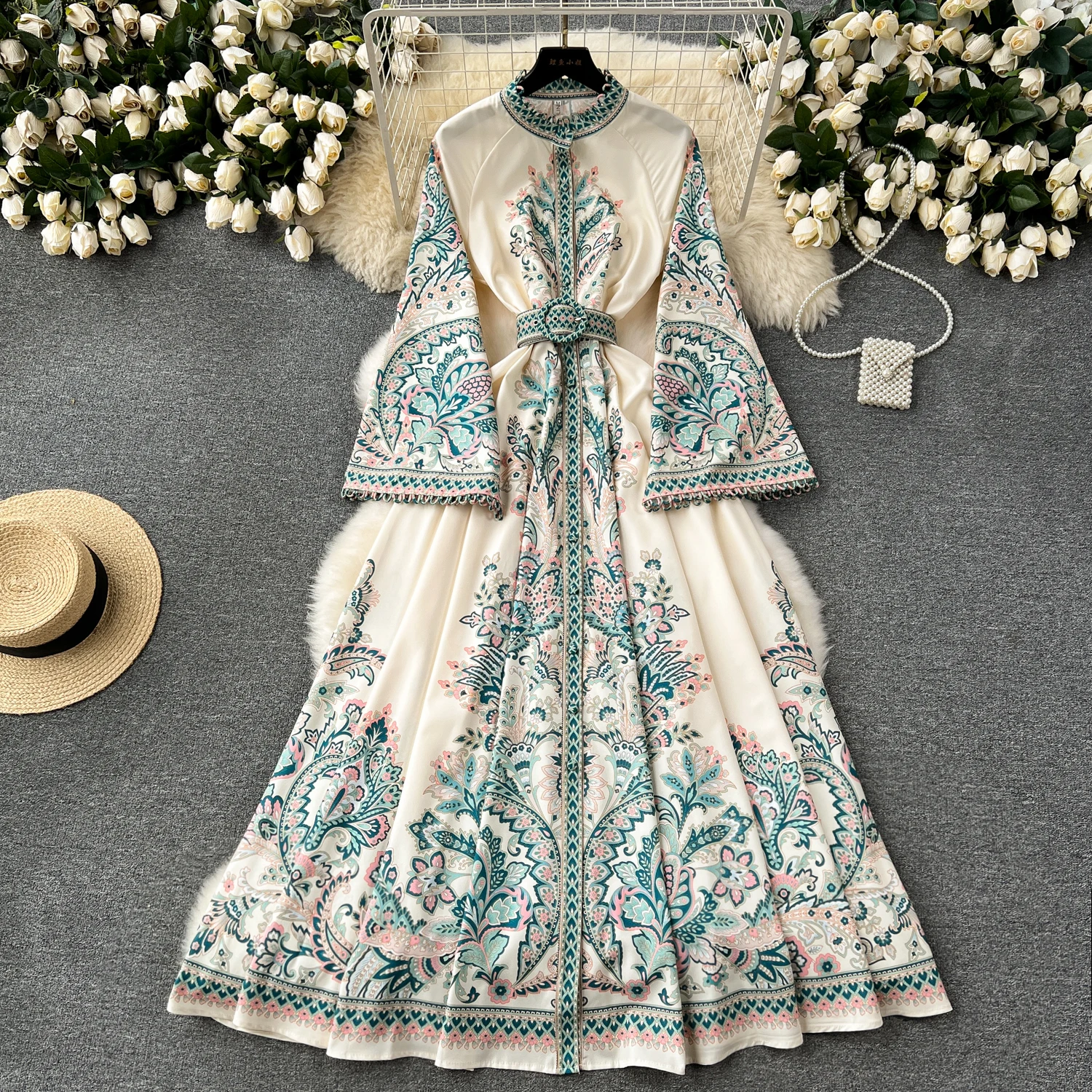 2026 Spring Summer Flared Sleeves Printed Dress Women's Maxi Dresses Single-breasted Sashes Slim Big-hem Pleated A-line Dresses