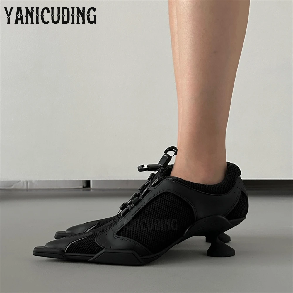 

Strange Heel Sporty Style High Heels Pointed Toe Black Mesh Fashion Shoes for Women Novelty Designer Style Comfortable High Heel