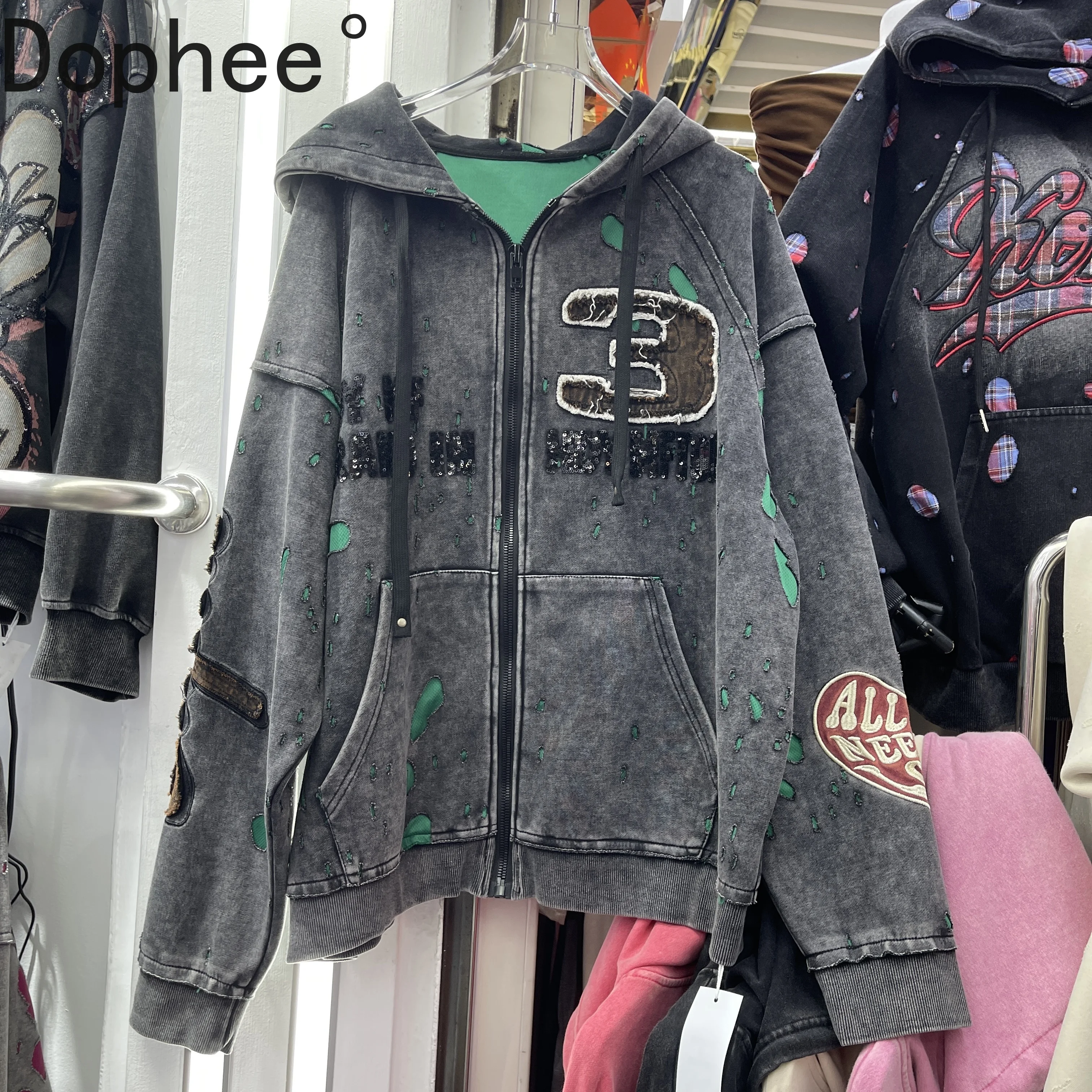 

American Street Vintage Hooded Cardigans Coat New Autumn Loose Long Sleeve Sweatshirt Trendy Embroidery Sequins Hoodie Top