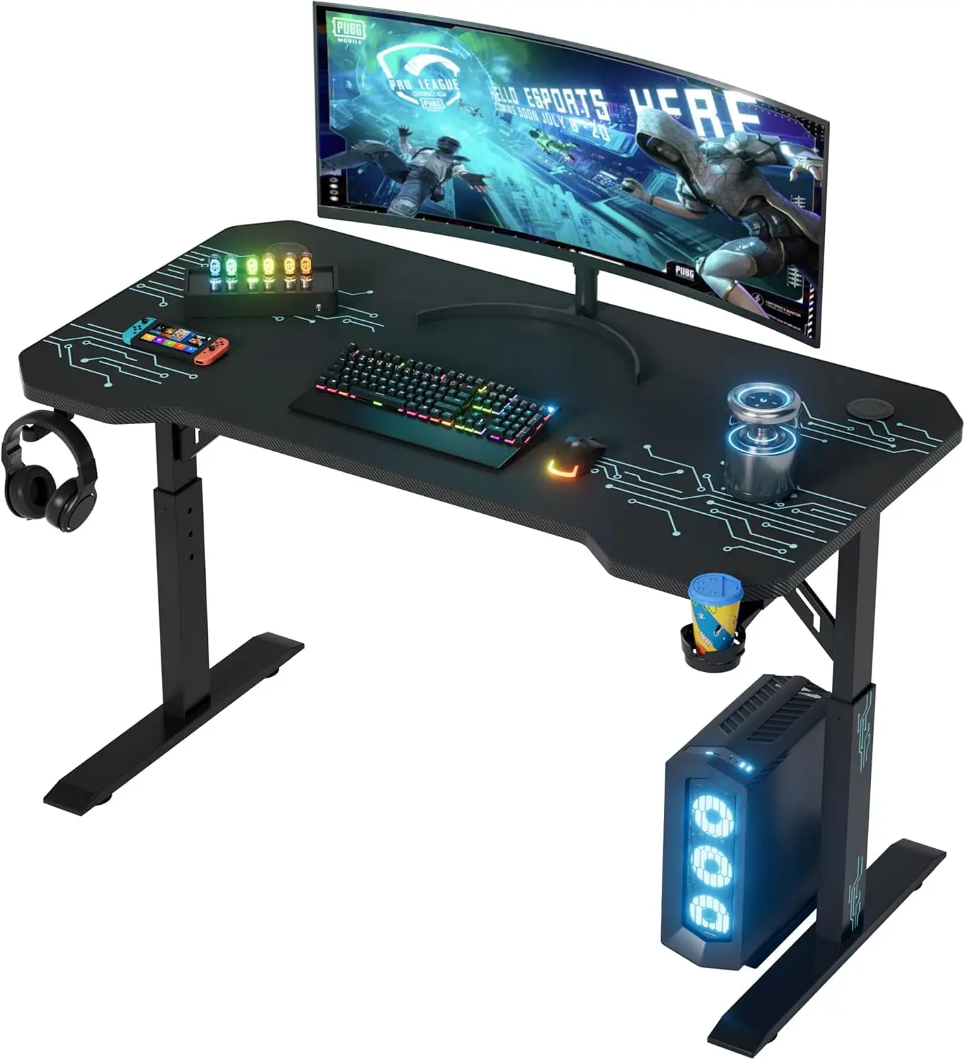 Shahoo Gaming Desk with Full Mouse Pad, Manual Adjustable Height Computer Table with Headphone Hook and Cup Holder, Black