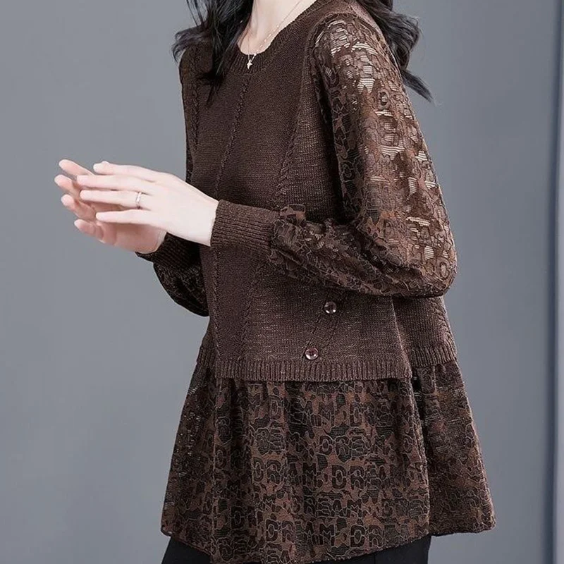 

Fashion Lace Fake Two Pieces Top Tee Female Oversized Loose Bottoming Shirt Ladies Elegant Lantern Sleeve T-Shirts JJ16
