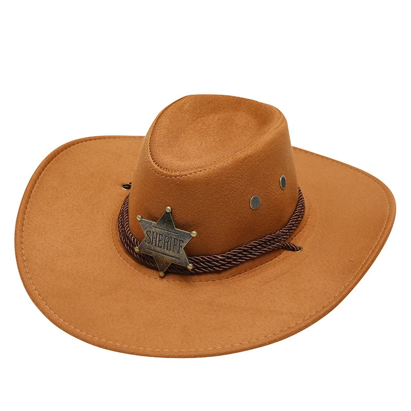 Suede Western Cowboy Hat with Six Pointed Star and Windproof Rope Unisex Outdoor Climbing Hiking Jazz Hat Windproof Sun Protecti
