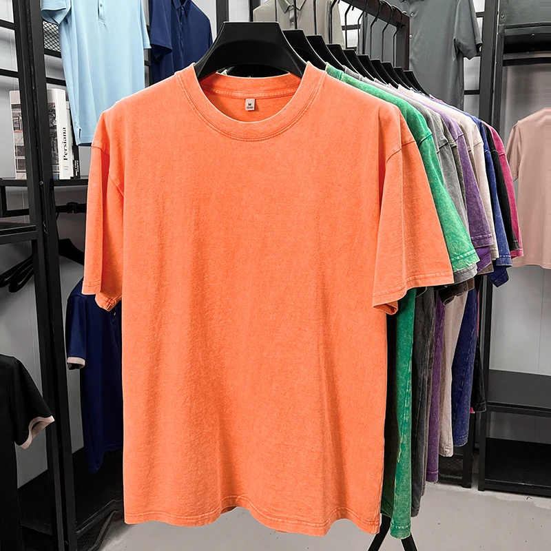 Personality washed vintage short sleeve T-shirt high-end 100% pure cotton men fashion round neck comfort lightweight casual top image 5