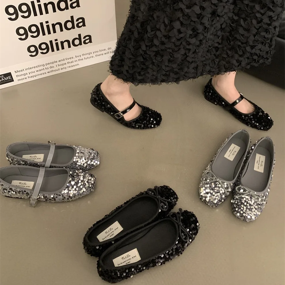 

sequin Flat black shoes bowknot women