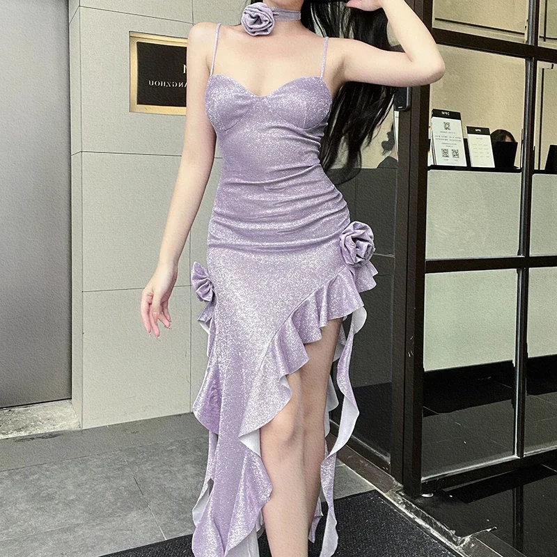 

Summer Sexy Pure Lust Wind Off Back Off Shoulder Pleated Powder Spreading Flower Ribbon Split Dress for Women party dress