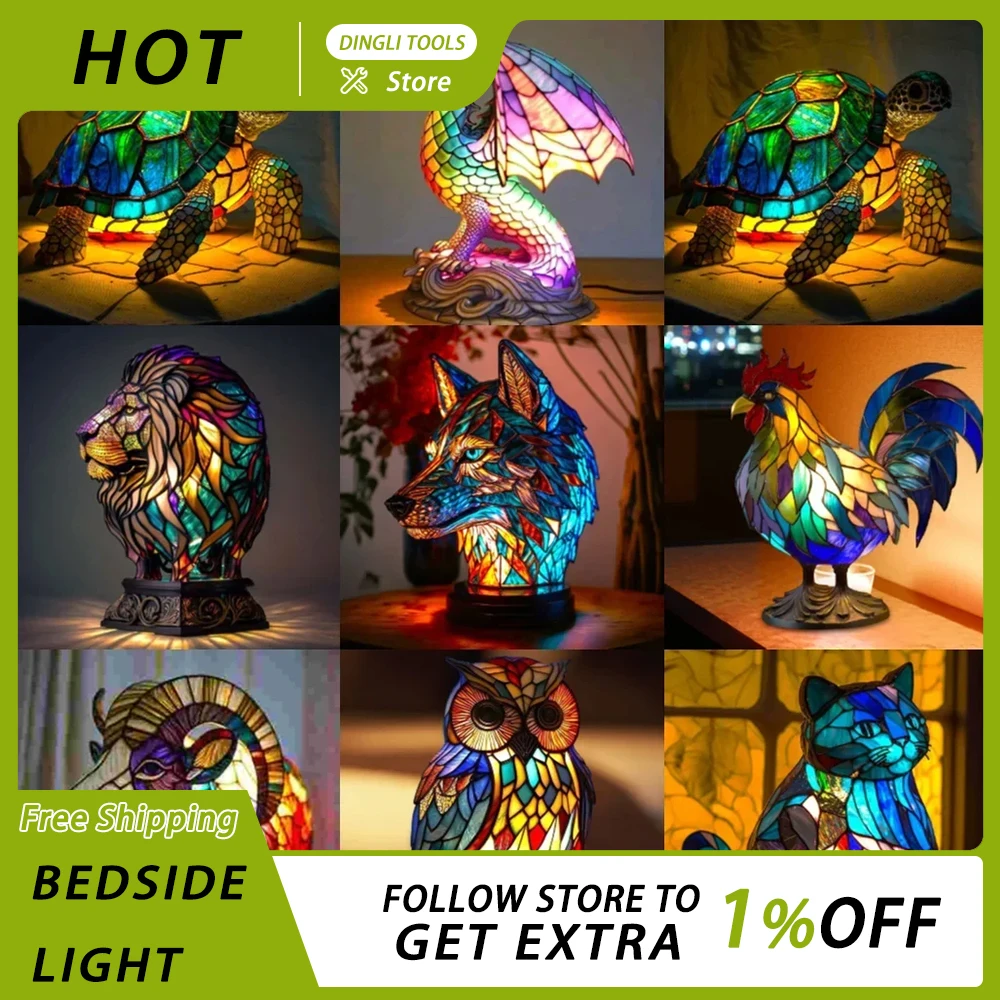 15cm Animal Resin Stained Glass Table Lamp Series Bedside Light Mermaid Sheep Owl Sea Turtle Lion Cat Whale Dragon Home Ornament