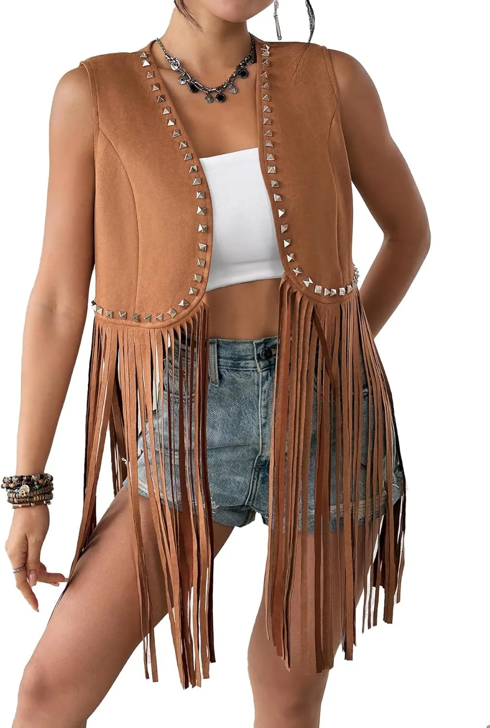 

Women s Tassel Rivet Jacket Vintage Sleeveless Open Front Western Vest for Dating Photography