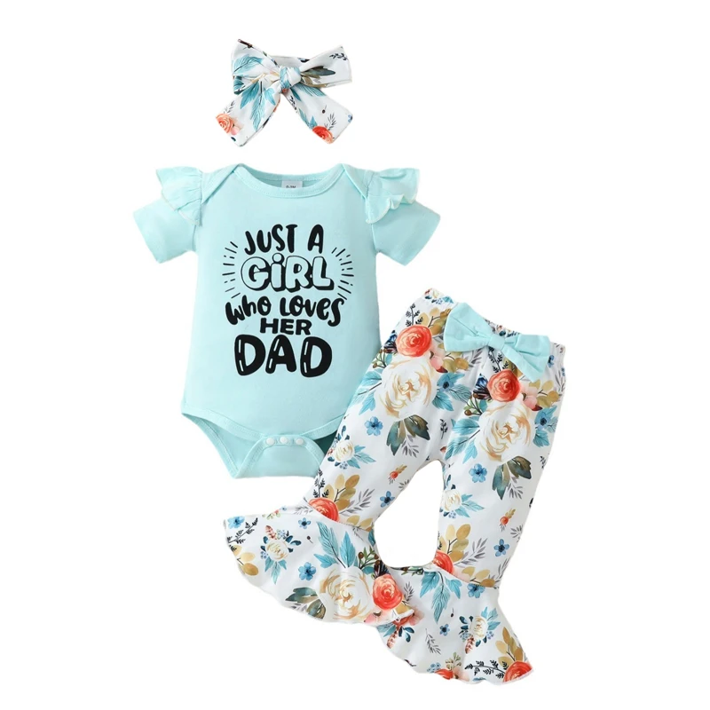 

Baby Girl Fathers Day Outfit Short Sleeve Romper Girl Who Loves Her Dad Floral Flare Pant Set Headband